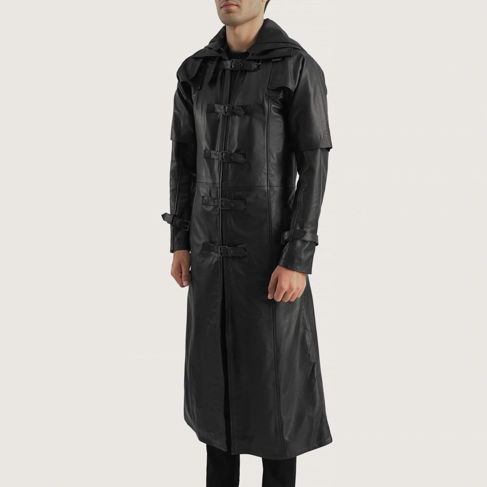 Nightshade Black Hooded Leather Trench Coat