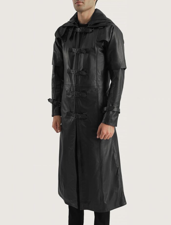 Nightshade Black Hooded Leather Trench Coat