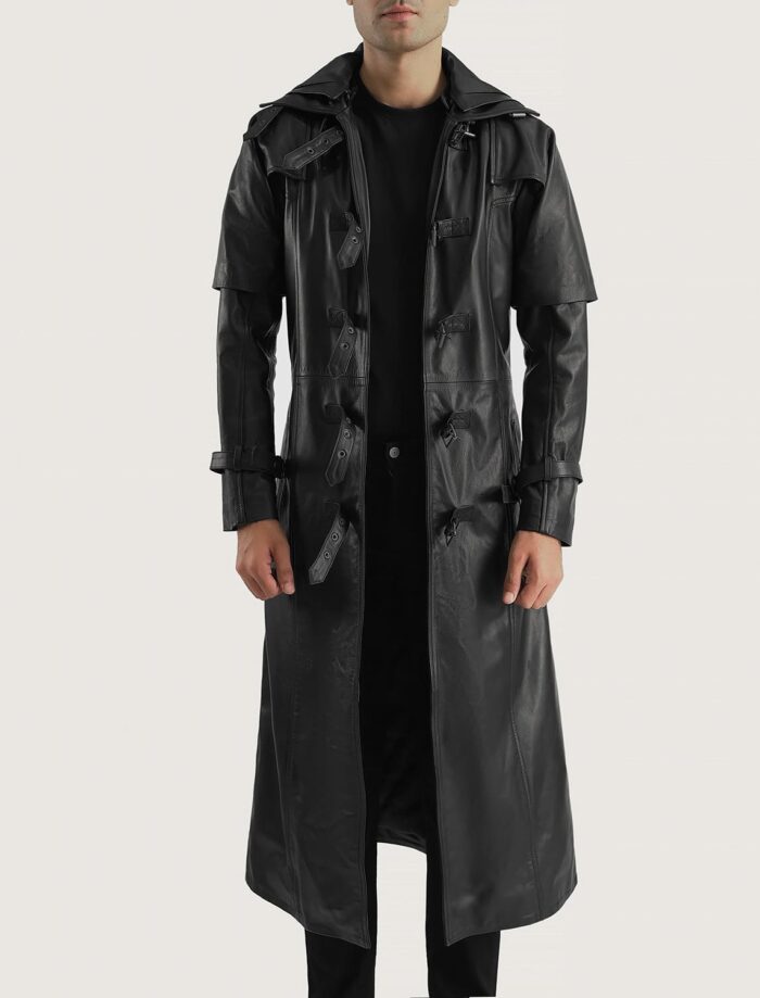 Nightshade Black Hooded Leather Trench Coat