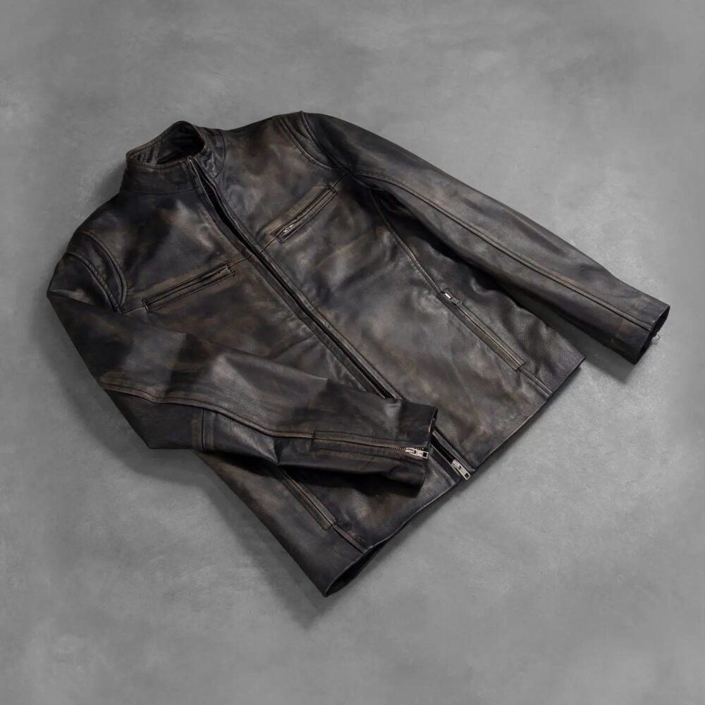 Ionic Distressed Brown Leather Motorcycle Jacket