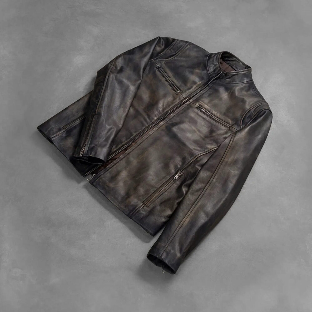 Ionic Distressed Brown Leather Motorcycle Jacket