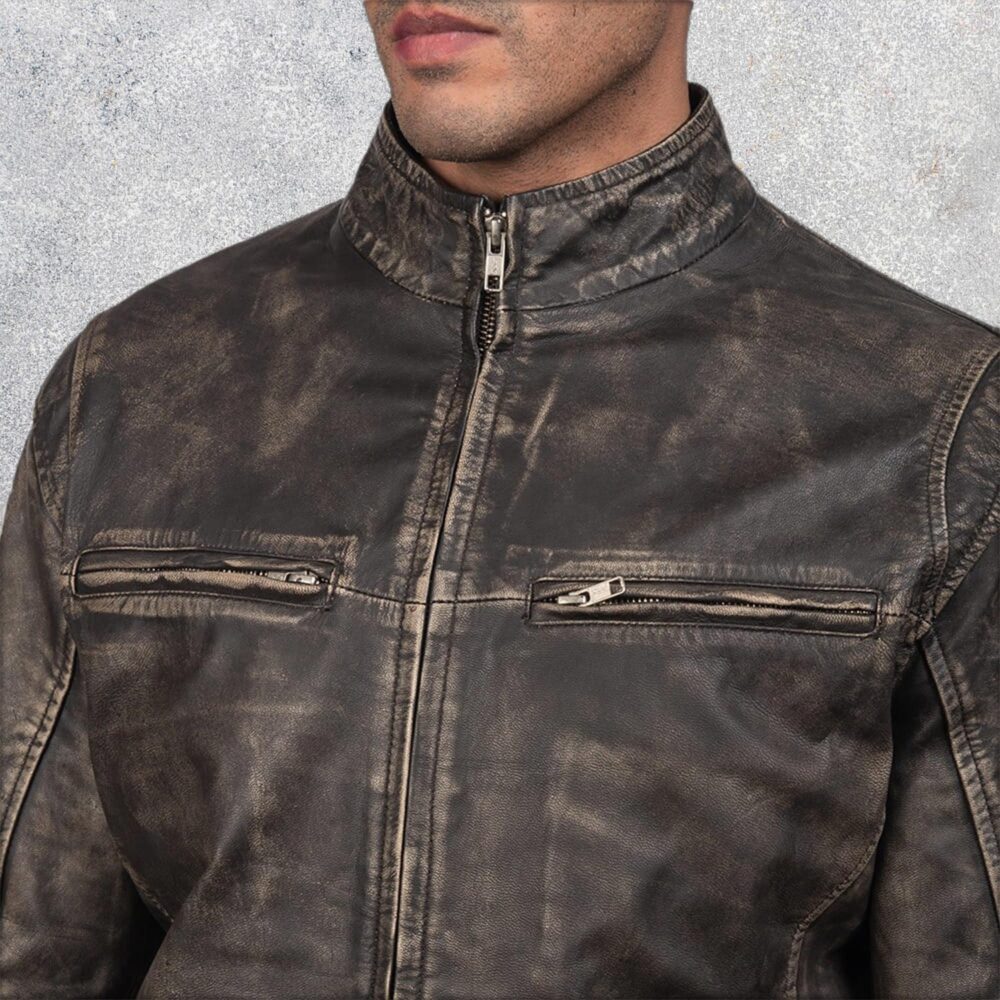 Ionic Distressed Brown Leather Motorcycle Jacket