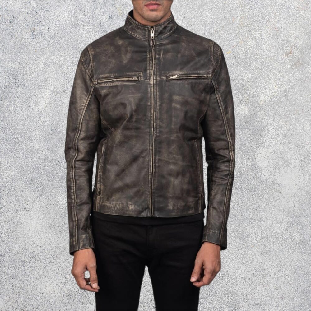Ionic Distressed Brown Leather Motorcycle Jacket