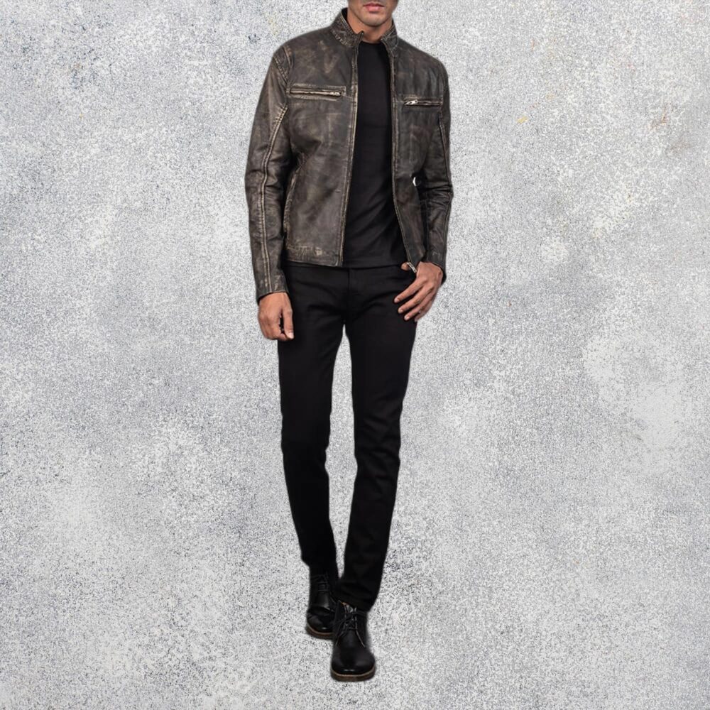 Ionic Distressed Brown Leather Motorcycle Jacket