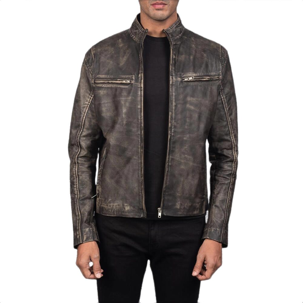 Ionic Distressed Brown Leather Motorcycle Jacket - Image 2