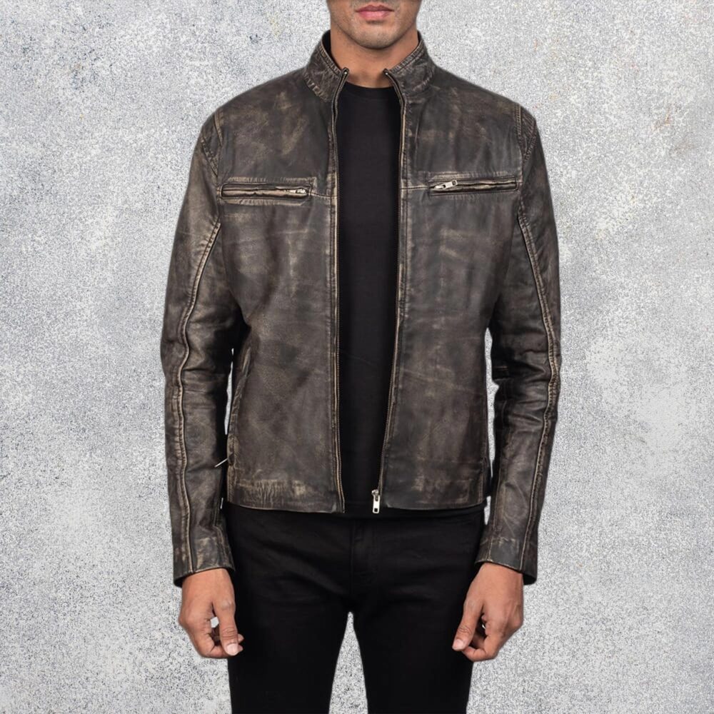 Ionic Distressed Brown Leather Motorcycle Jacket