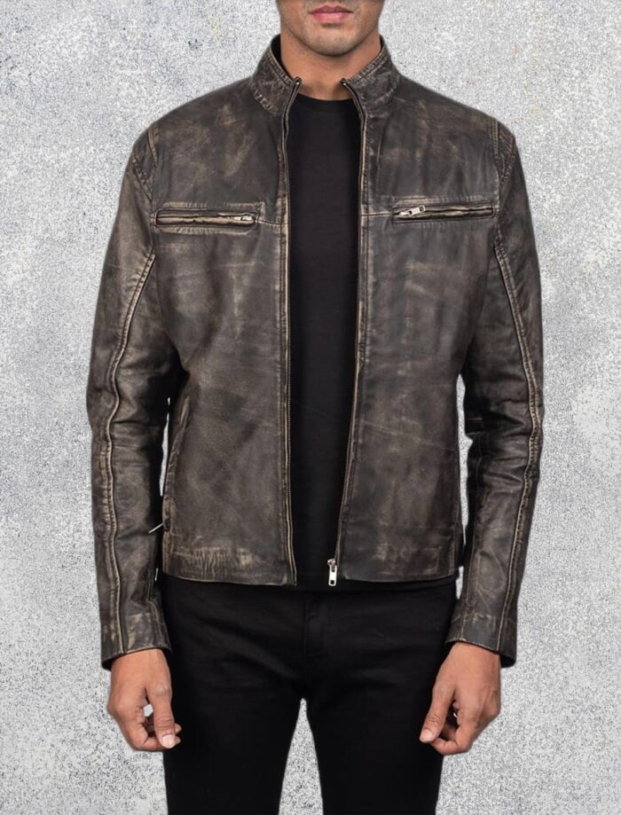 Ionic Distressed Brown Leather Motorcycle Jacket