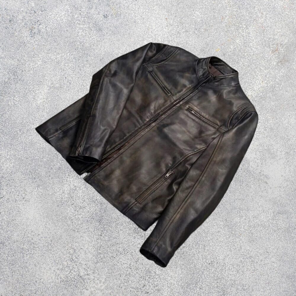 Ionic Distressed Brown Leather Motorcycle Jacket