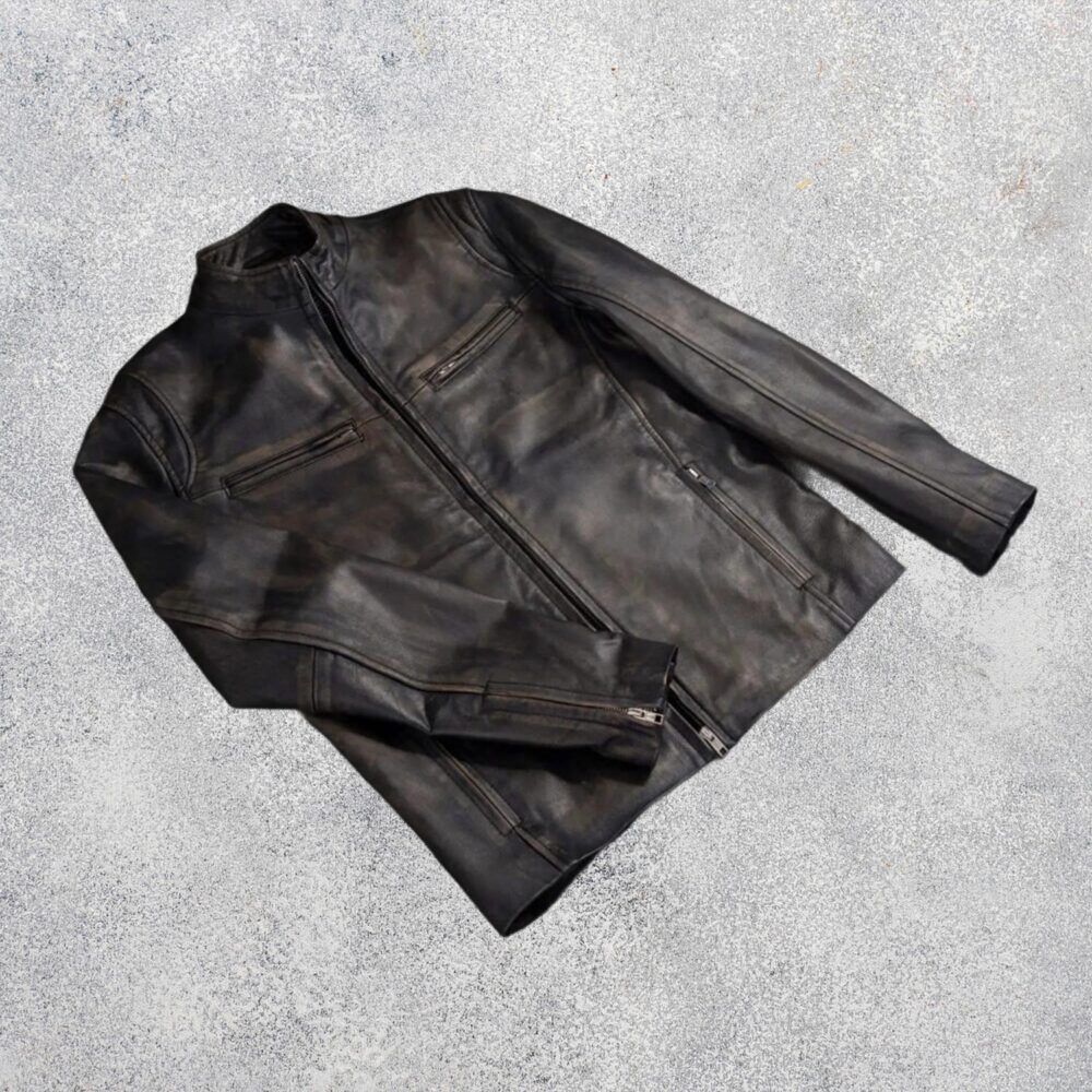 Ionic Distressed Brown Leather Motorcycle Jacket