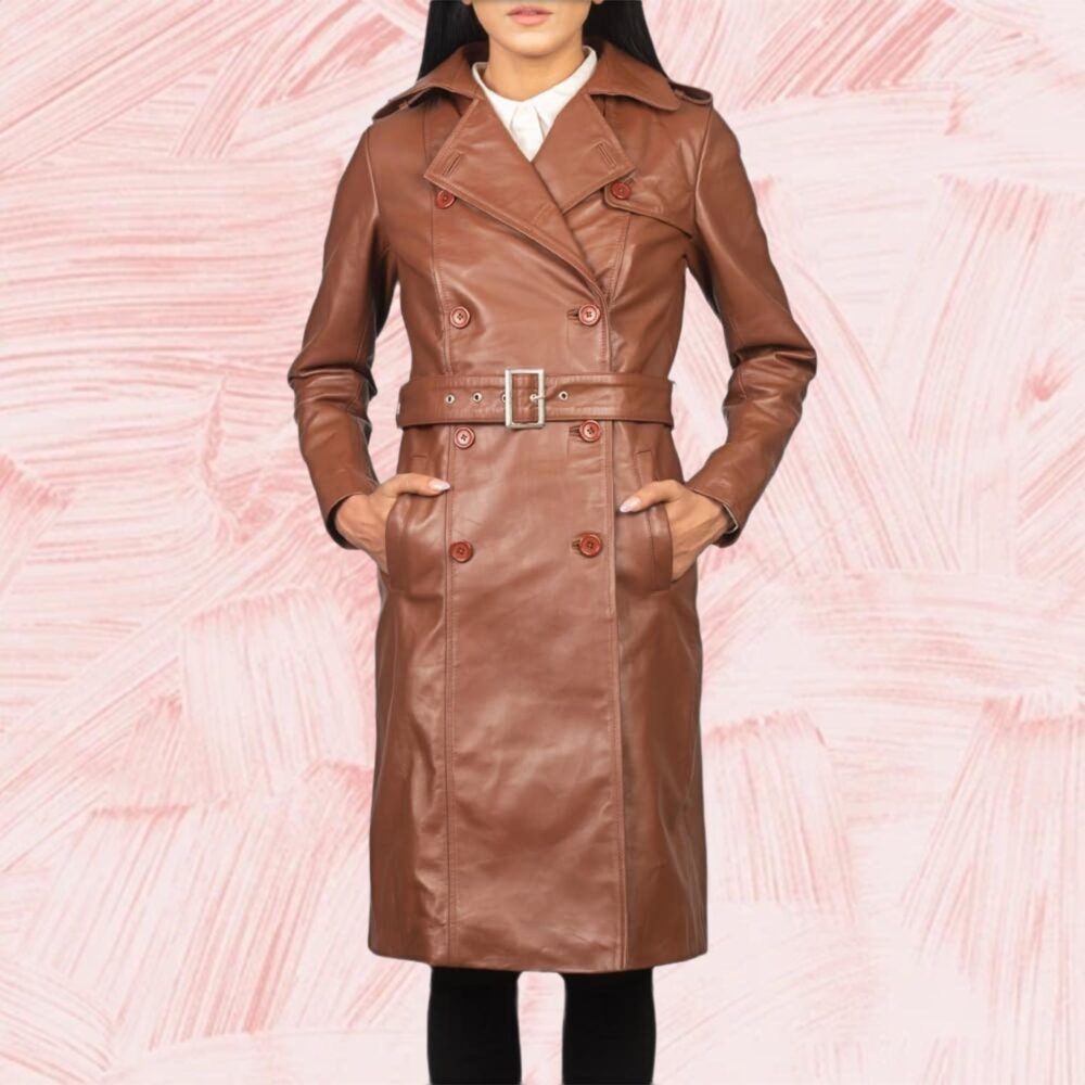 Isabella Brown Double-Breasted Leather Coat for Women