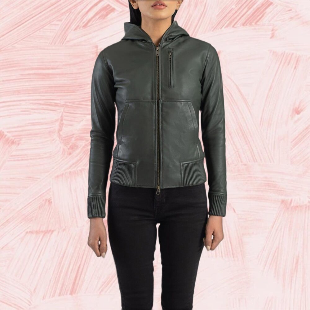 Isolde Green Hooded Leather Bomber Jacket for Women