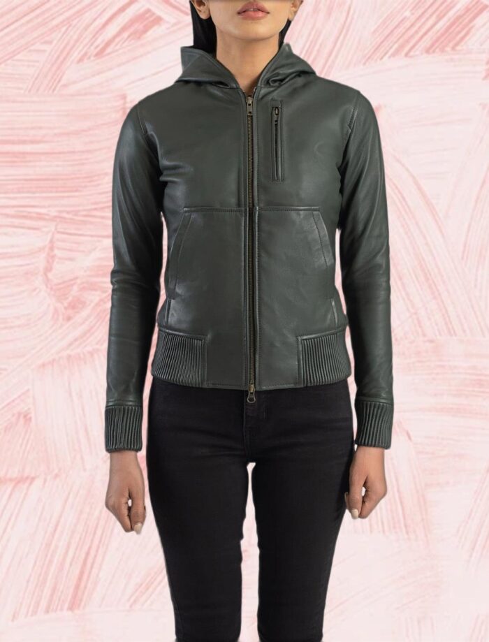 Isolde Green Hooded Leather Bomber Jacket for Women