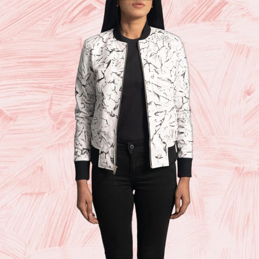 Ivory Mist White Leather Bomber Jacket for Women