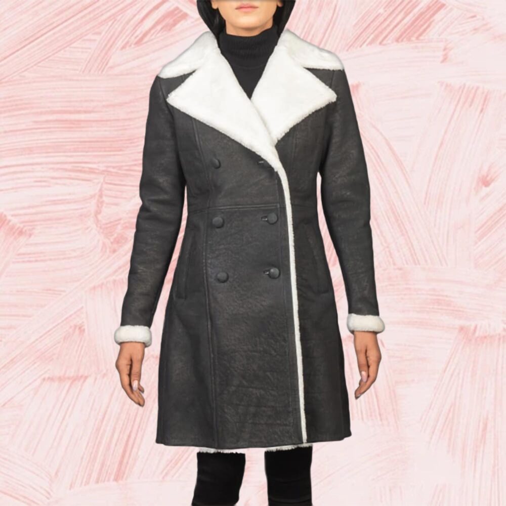 Ivy Black Double Breasted Shearling Coat for Women