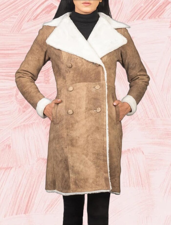 Ivy Distressed Brown Double Breasted Shearling Coat for Women