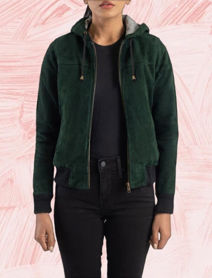 Nyla Green Hooded Leather Bomber Jacket for Women