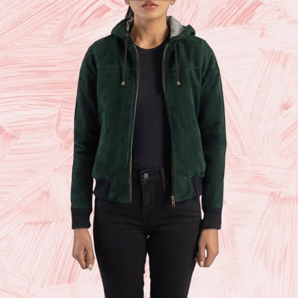 Ivy Green Hooded Suede Bomber Jacket for Women