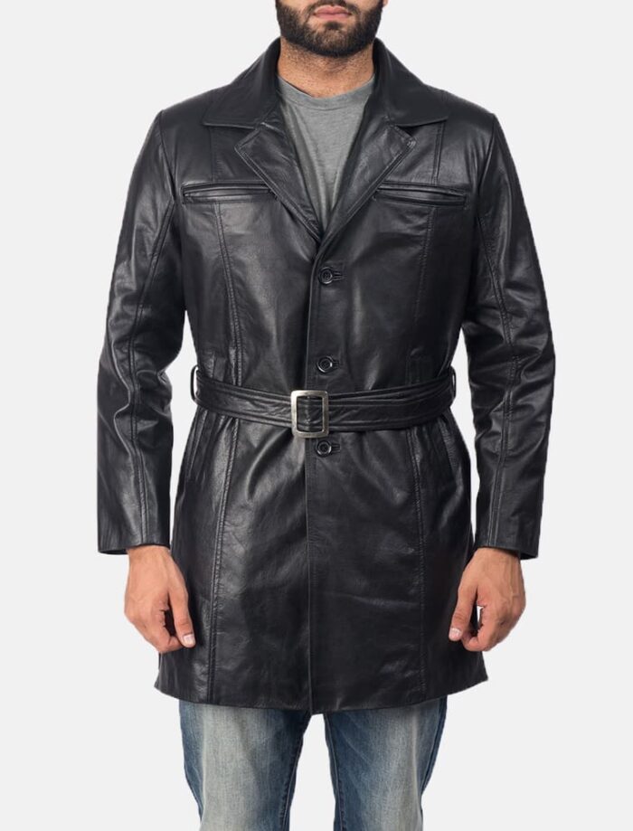 Jordane Black Leather Belted Coat