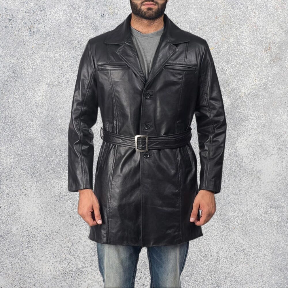 Jordane Black Leather Belted Coat