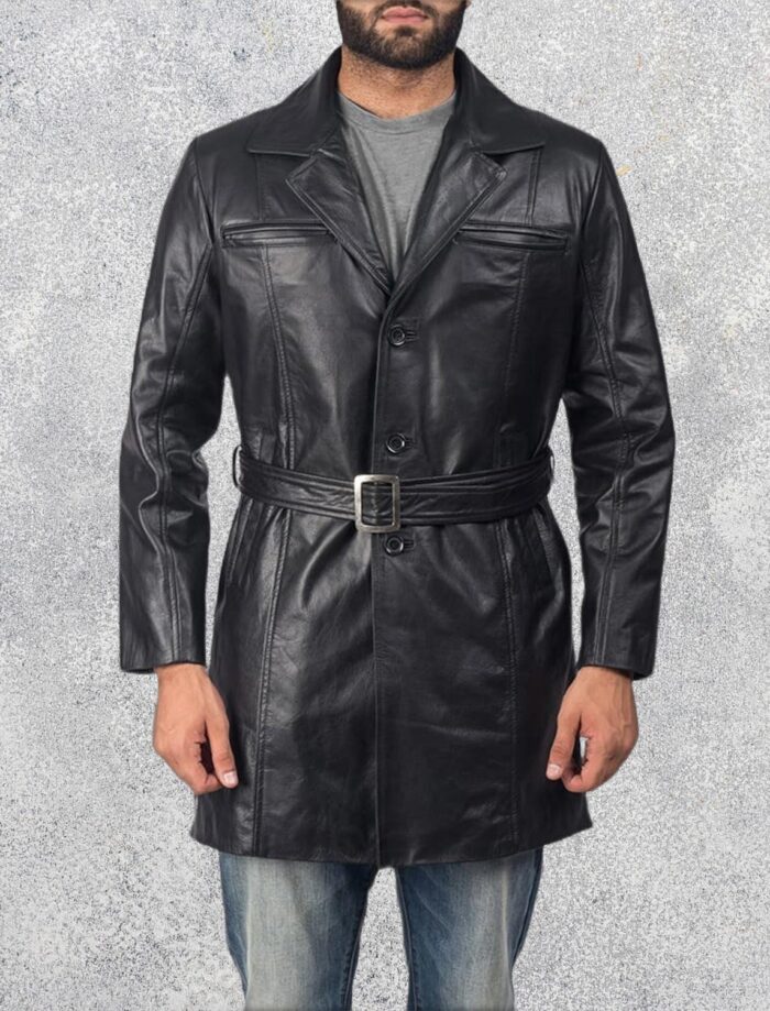 Jordane Black Leather Belted Coat