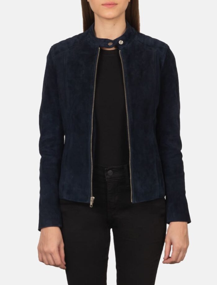 Aubrey Navy Blue Suede Biker Jacket for Women