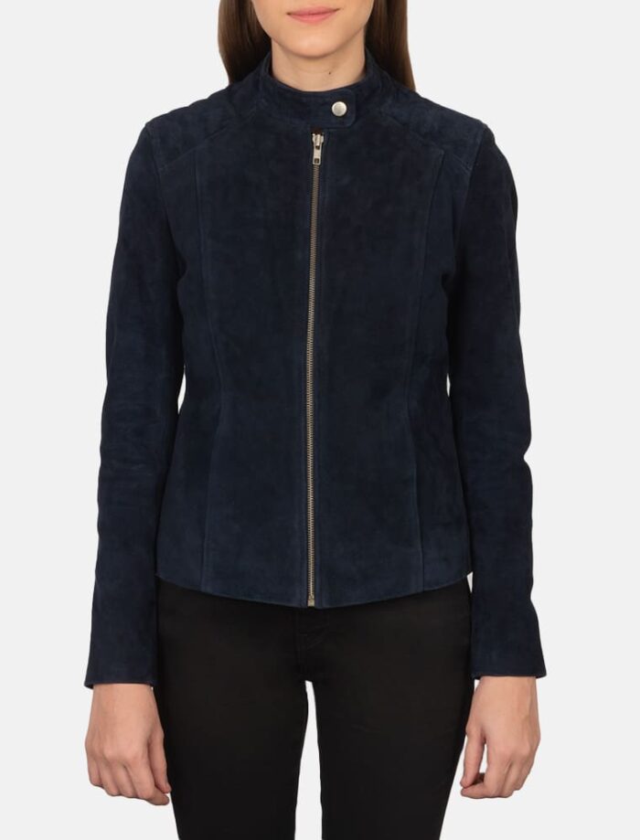 Aubrey Navy Blue Suede Biker Jacket for Women