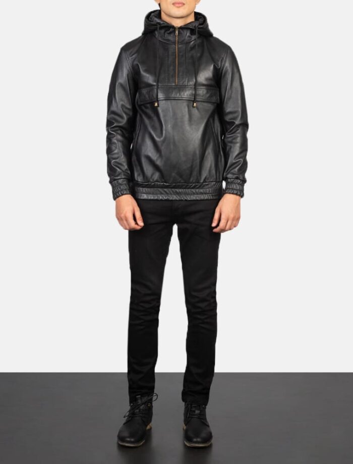 Keaton Hooded Black Leather Pullover Jacket