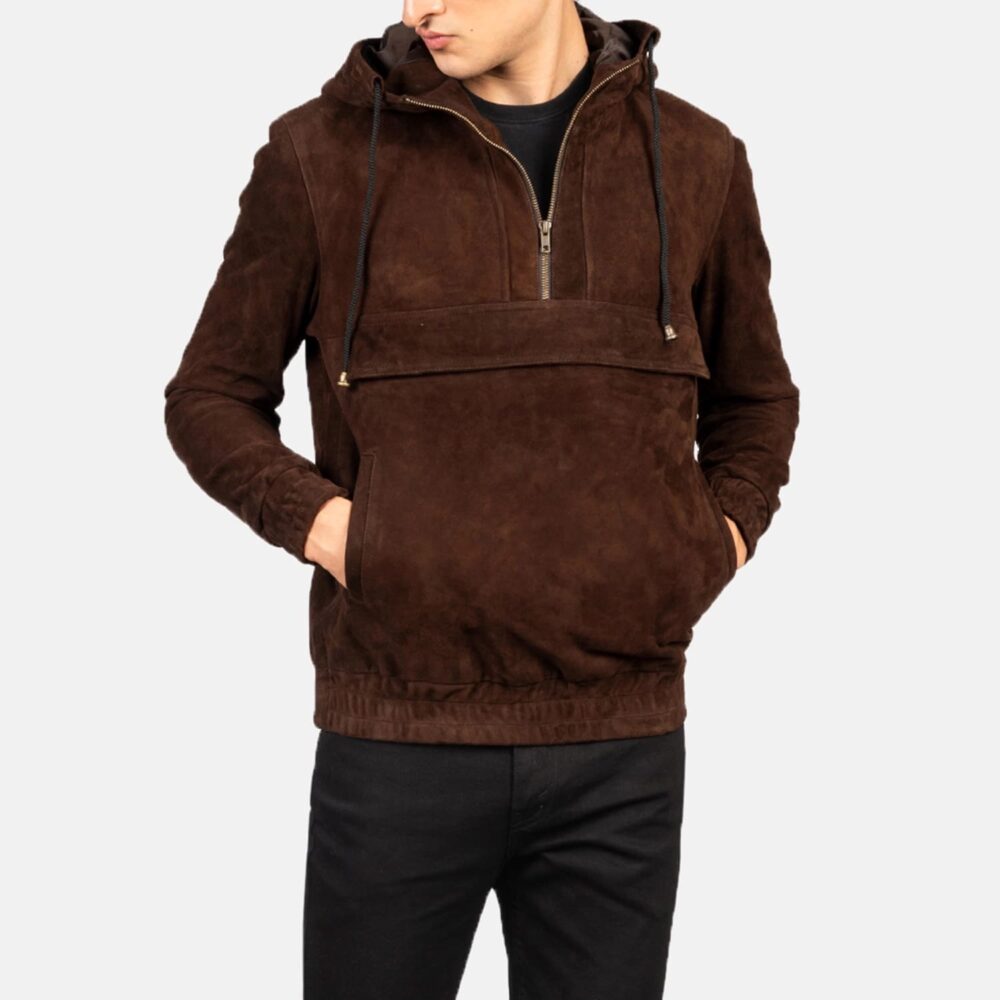 Ryder Mocha Men's Hooded Suede Pullover Jacket