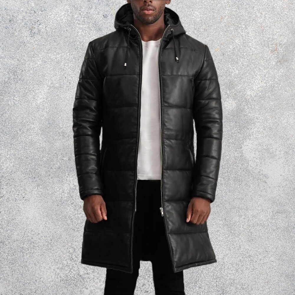 Kian Black Hooded Leather Puffer Coat for Men