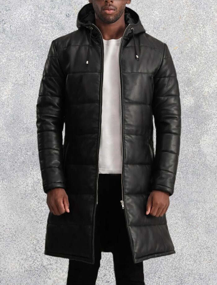 Kian Black Hooded Leather Puffer Coat for Men
