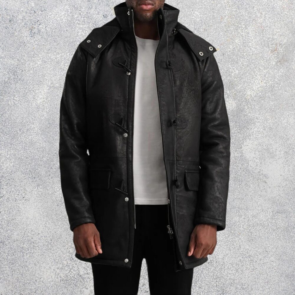 Kieran Black Snuffed Leather Duffle Coat for Men
