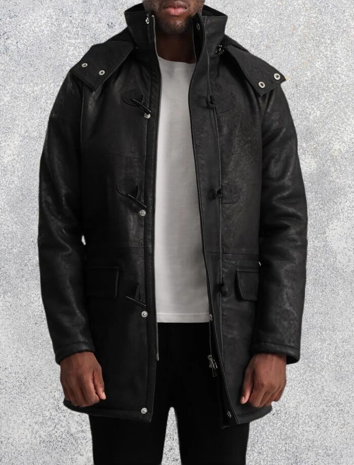 Kieran Black Snuffed Leather Duffle Coat for Men