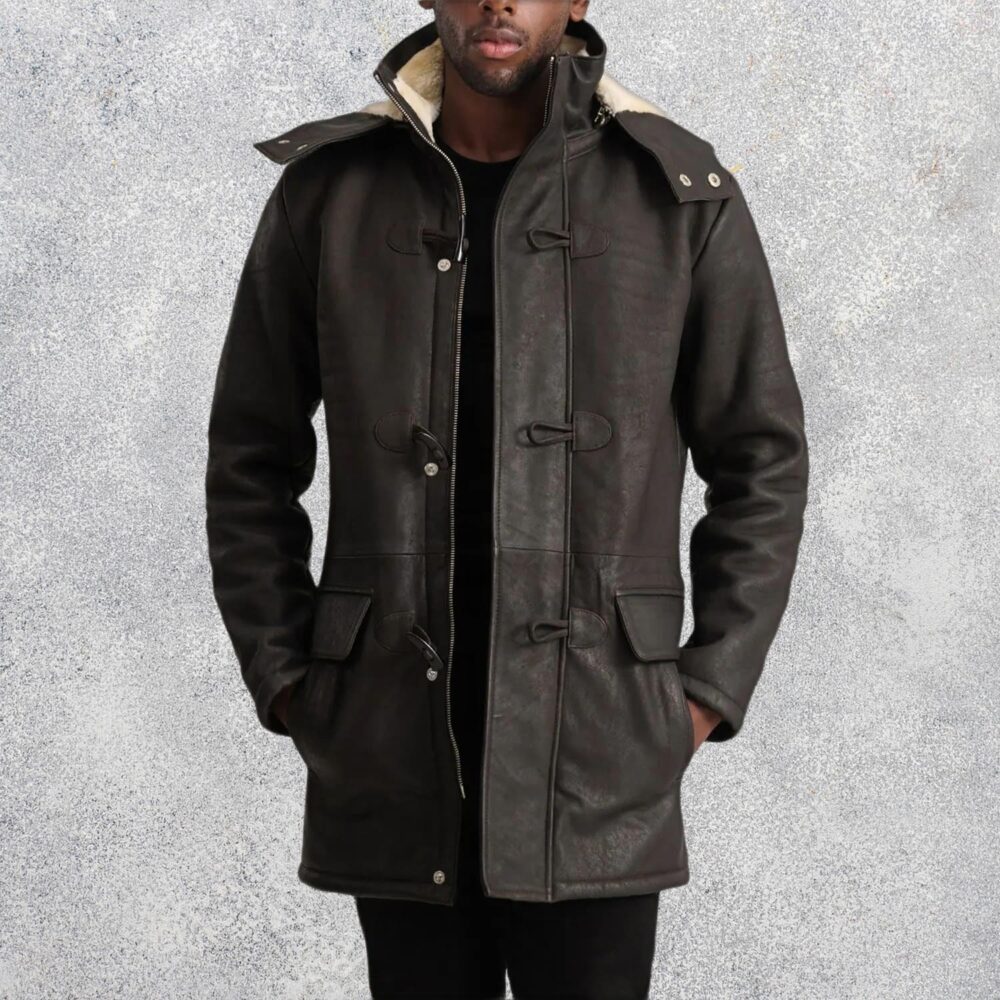 Kieran Tumbled Brown Leather Duffle Coat for Men