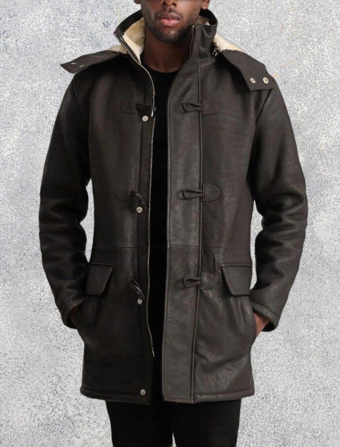 Kieran Tumbled Brown Leather Duffle Coat for Men