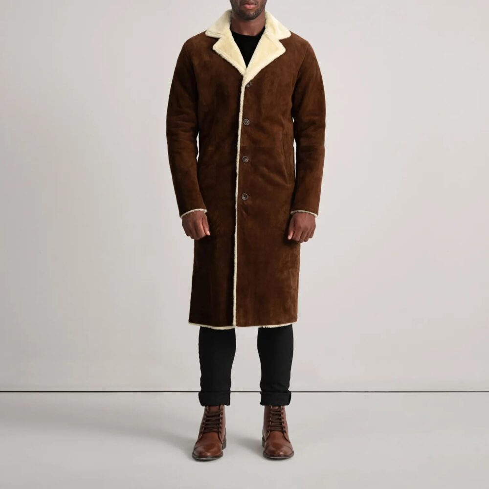 Victor Brown Suede Shearling Long Coat for Men