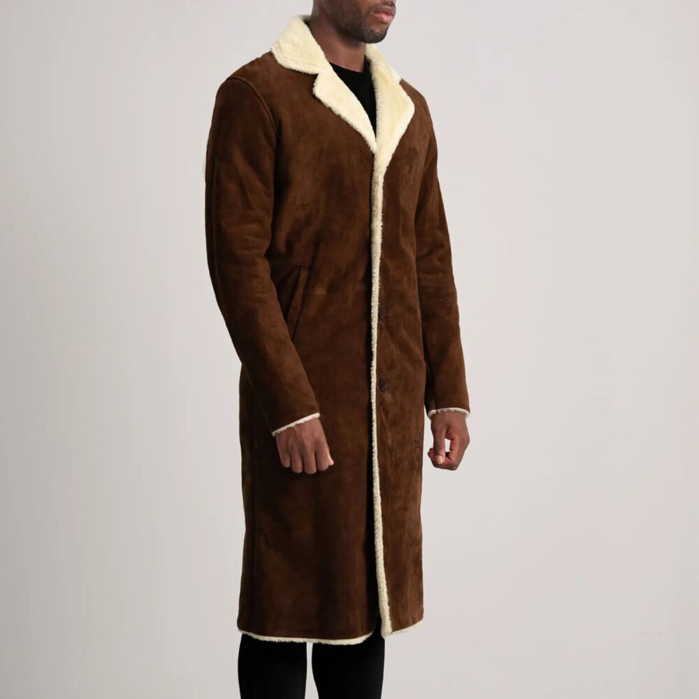 Victor Brown Suede Shearling Long Coat for Men