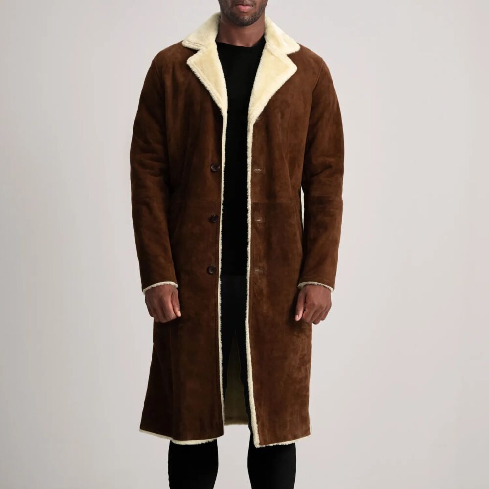 Victor Brown Suede Shearling Long Coat for Men