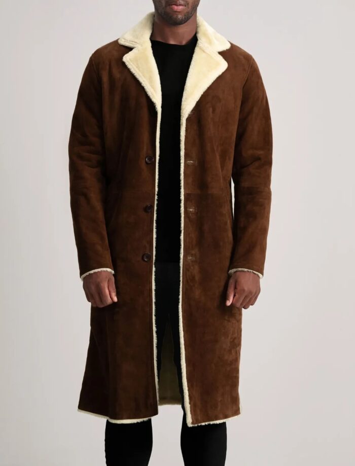 Victor Brown Suede Shearling Long Coat for Men