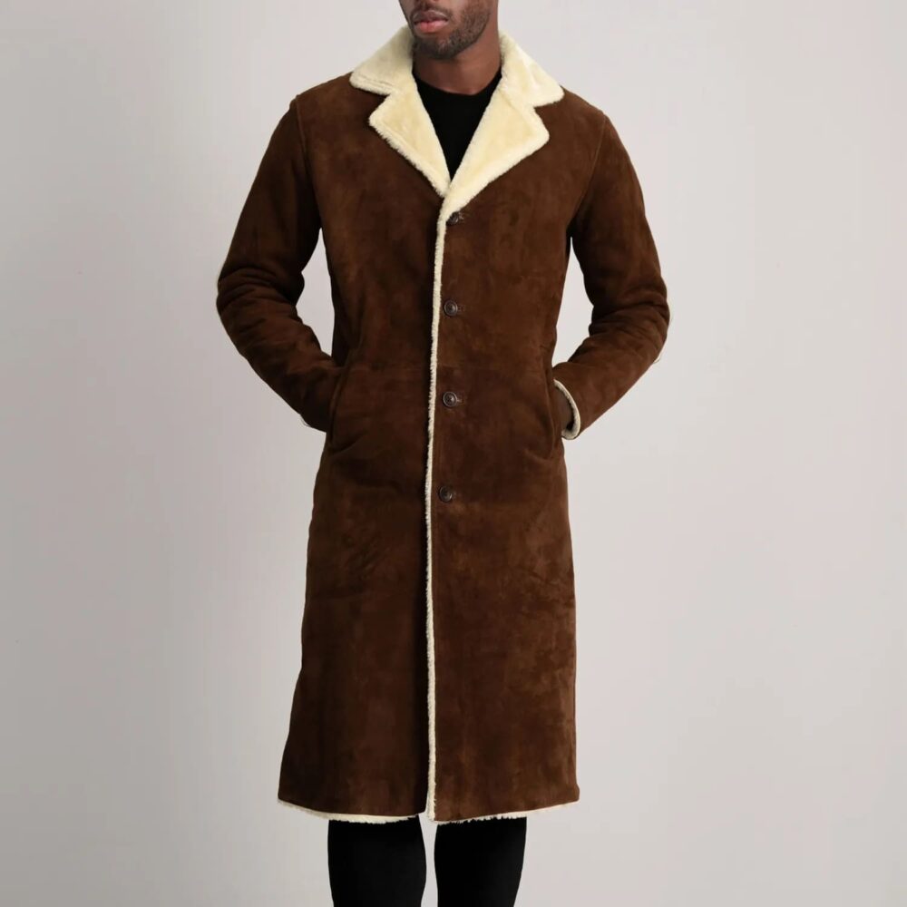 Victor Brown Suede Shearling Long Coat for Men