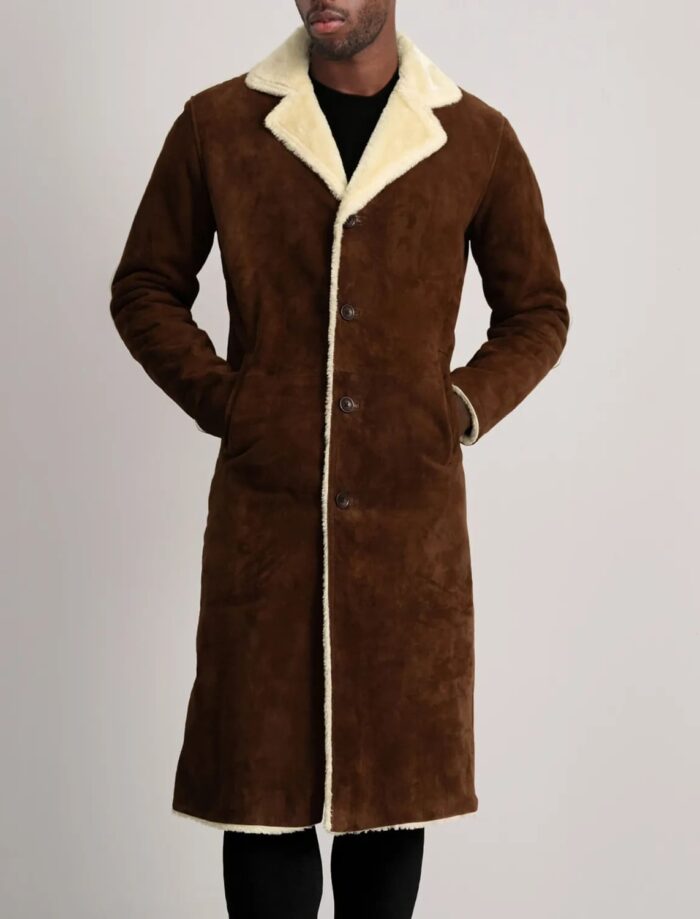 Victor Brown Suede Shearling Long Coat for Men