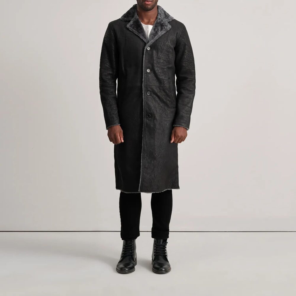 Victor Distressed Black Shearling Long Coat for Men