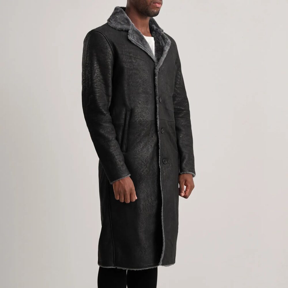 Victor Distressed Black Shearling Long Coat for Men