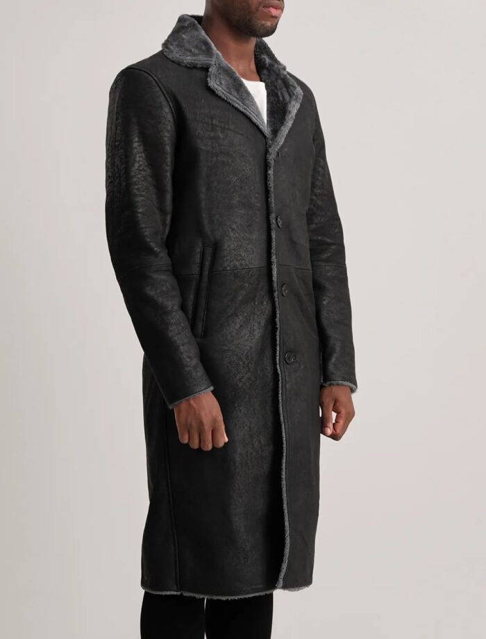 Victor Distressed Black Shearling Long Coat for Men