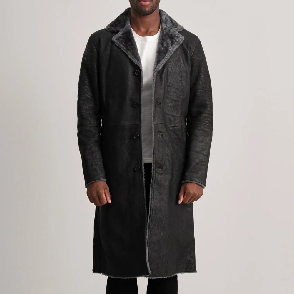 Victor Distressed Black Shearling Long Coat for Men