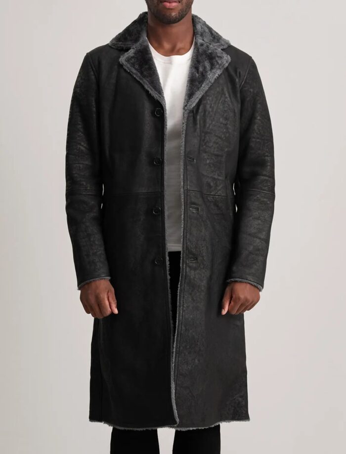 Victor Distressed Black Shearling Long Coat for Men