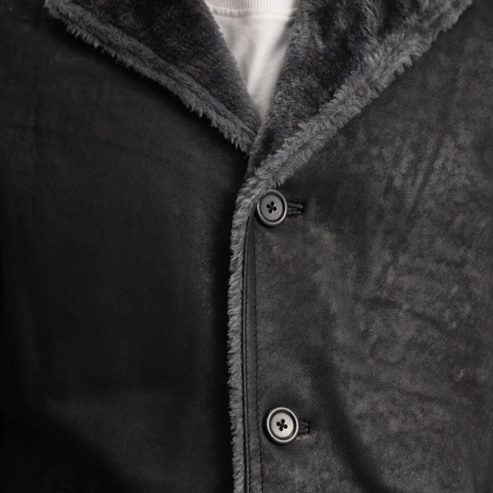 Victor Distressed Black Shearling Long Coat for Men