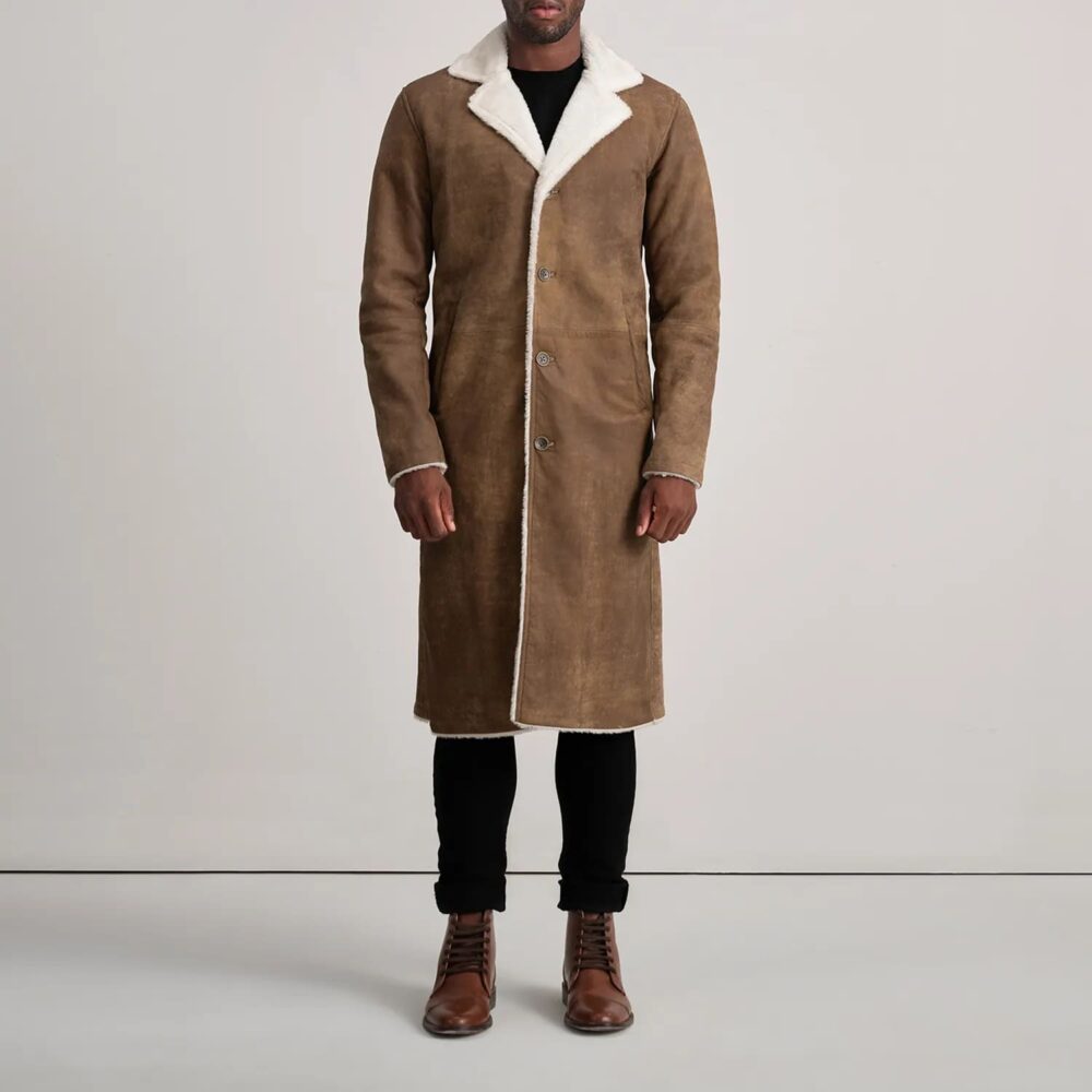 Victor Distressed Brown Shearling Long Coat for Men