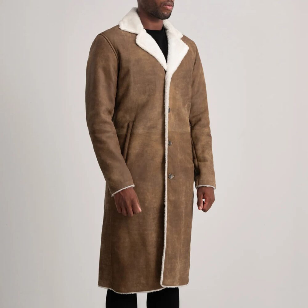 Victor Distressed Brown Shearling Long Coat for Men