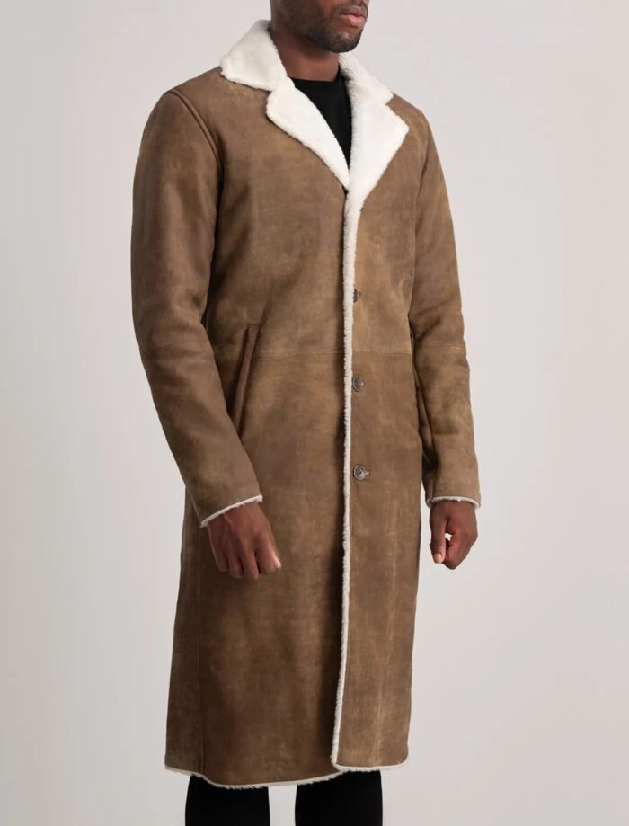 Victor Distressed Brown Shearling Long Coat for Men