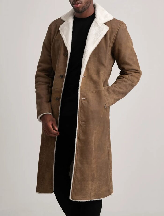 Victor Distressed Brown Shearling Long Coat for Men